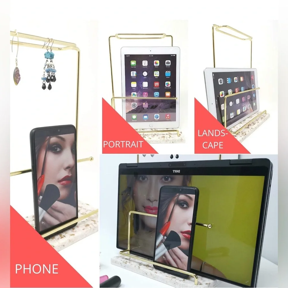 2pc Set Phone Tablet Makeup Brush Organizer Set Terrazzo Marble Tray Gold Frame